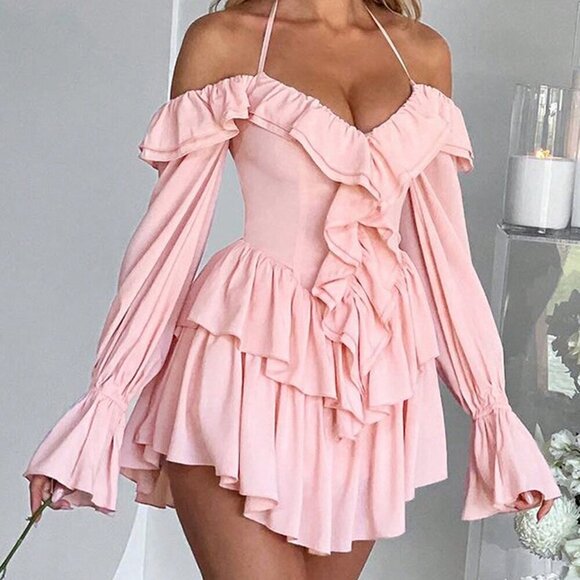 Pink Sexy Women's Ruffled Bodycon Halter Top Jumpsuit - Picture 3 of 3